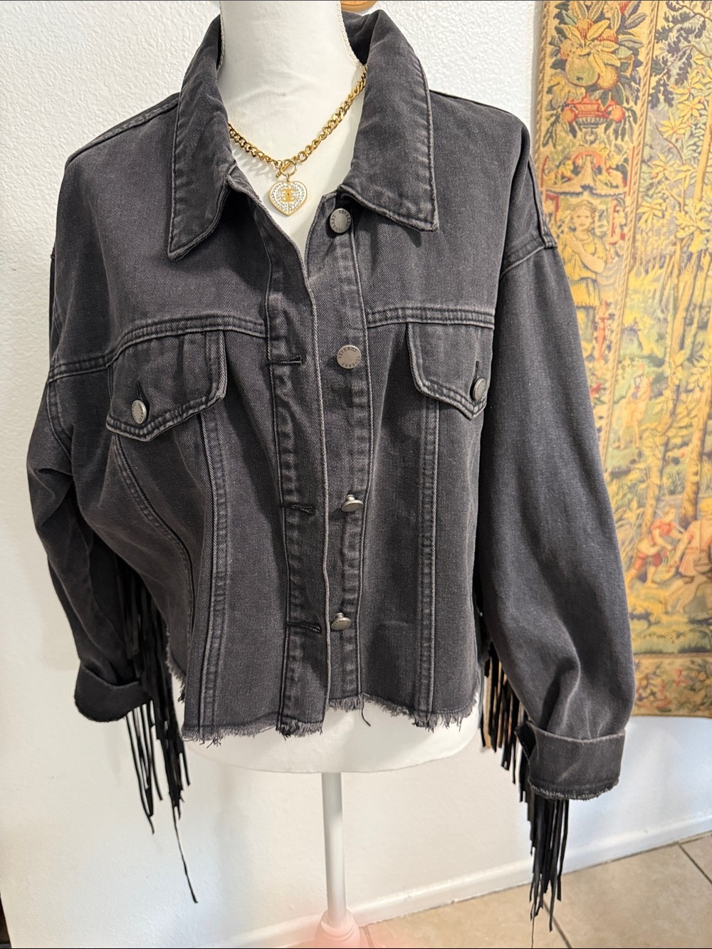 Women’s Washed Black Jean Jacket with Fringe